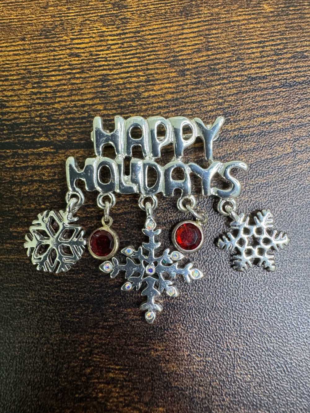 💚4/$20 Happy Holidays Silver-Tone Brooch with Red Gem Snowflakes